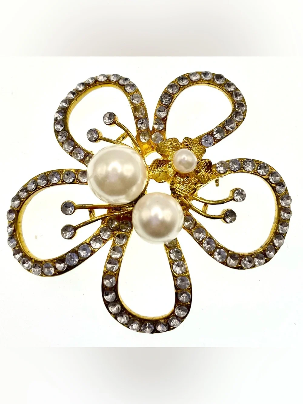 Floral Brooch Rhinestones Faux Pearls Gold Tone 2.5”